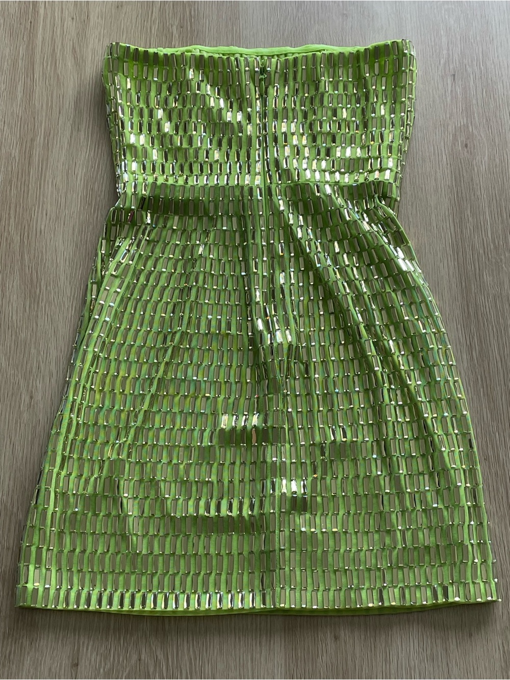 Oh Polly Aurora Embellished Bandeau Mini Dress in Pear Green Disco Ball - Picture 3 of 12